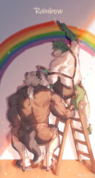 Rule 34 | 2boys, absurdres, animal ears, artist painter, ass, bara, black tank top, couple, dog boy, dog ears, dog tail, english text, facing another, from behind, full body, furry, furry male, furry with furry, happy, highres, ladder, lgbt pride, long hair, low ponytail, male focus, multiple boys, muscular, muscular male, on chair, original, paintbrush, painting (action), palette (object), rainbow, short hair, sitting, sunlight, suspenders, suspenders slip, tail, tank top, thick eyebrows, white hair, winters29208178