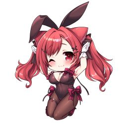 Rule 34 | 1girl, ;3, absurdres, animal ears, armpits, arms up, azur lane, bare shoulders, black bow, black leotard, blush, bow, breasts, cat ears, chibi, cleavage, closed mouth, commentary request, covered navel, fake animal ears, full body, gloves, hair bow, hair intakes, hair ornament, hairclip, highres, i-19 (azur lane), i-19 (blossoming bunny) (azur lane), kinomiki nobori, large breasts, leotard, long hair, looking at viewer, one eye closed, pantyhose, playboy bunny, purple bow, rabbit ears, rabbit pose, red eyes, red hair, ribbon, sidelocks, smile, solo, strapless, strapless leotard, thigh strap, transparent background, twintails, white gloves, wrist ribbon, x hair ornament