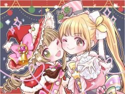 Rule 34 | 2girls, bell, black gloves, blonde hair, blush, bow, brown eyes, candy, candy cane, capelet, cheek-to-cheek, christmas, commentary, decorations, dress, drill hair, food, fur-trimmed capelet, fur trim, futaba anzu, gloves, green eyes, hat, hat bow, heads together, highres, idolmaster, idolmaster cinderella girls, light brown hair, long hair, multiple girls, naruse an, one eye closed, open mouth, pink dress, red capelet, red dress, side ponytail, smile, top hat, twin drills, upper body, witch hat, yokoyama chika