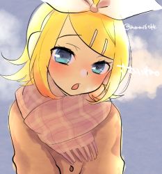 Rule 34 | 1girl, blonde hair, blue eyes, blush, bow, breath, brown sweater, hair bow, hair ornament, hairclip, half-closed eyes, head tilt, headphones, headset, kagamine rin, kawahara chisato, leaning forward, looking at viewer, open mouth, scarf, sketch, solo, sweater, vocaloid
