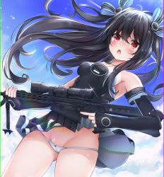 Rule 34 | anti-materiel rifle, arm pits, armpits, bare shoulders, black hair, blue sky, breasts, cloud, dress, giga-tera, gloves, gun, long hair, medium breasts, neptune (series), open mouth, panties, pants, red eyes, rifle, scope, skirt, sky, sniper rifle, stomach, striped clothes, striped panties, surprised, thighs, tsundere, twintails, two side up, underwear, uni (neptunia), very long hair, weapon
