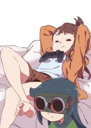 Rule 34 | 2girls, = =, barefoot, blue hair, brown hair, brown shorts, closed mouth, commentary request, constanze amalie von braunschbank-albrechtsberger, controller, dualshock, closed eyes, feet, game controller, gamepad, goggles, highres, jacket, kagari atsuko, crossed legs, little witch academia, long sleeves, multiple girls, open clothes, open jacket, orange jacket, playstation controller, reclining, shirt, shorts, simple background, sitting, tama (tama-s), topknot, white background, white shirt