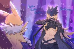 2girls beelstarmon black_coat black_gloves black_pants blonde_hair body_fur breasts character_name closed_eyes coat cropped_torso crossed_arms dancing digimon digimon_(creature) fox gloves gun highres holding holding_gun holding_weapon kitsune large_breasts long_hair meme multiple_girls navel pants purple_eyes renamon shikairo_days shikairo_days_dance_(meme) shikanoko_nokonoko_koshitantan underboob weapon yellow_fur zocehuy