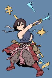 Rule 34 | 1girl, absurdres, black eyes, black hair, blue background, boots, breasts, chanta (ayatakaoisii), dual wielding, hairband, highres, holding, jewelry, large breasts, looking at viewer, necklace, original, red footwear, rope, short hair, simple background, sleeveless, solo, sword, weapon, white hairband