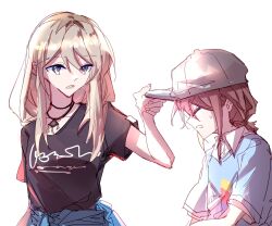 Rule 34 | 2girls, adjusting clothes, adjusting headwear, baseball cap, black shirt, blue shirt, brown hair, closed eyes, collared shirt, commentary, girls band cry, grey eyes, grey hat, hashtag-only commentary, hat, hibioes, highres, iseri nina, jewelry, kawaragi momoka, light brown hair, long hair, looking at another, multicolored hair, multiple girls, necklace, parted lips, roots (hair), shirt, short sleeves, short twintails, simple background, sweatdrop, twintails, upper body, v-shaped eyebrows, white background