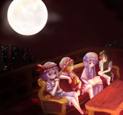 Rule 34 | 4girls, bad id, bad pixiv id, balcony, book, city, couch, cup, female focus, flandre scarlet, hat, hong meiling, mob cap, moon, multiple girls, nagiyuri, niangao, night, outdoors, patchouli knowledge, red upholstery, remilia scarlet, sitting, table, touhou