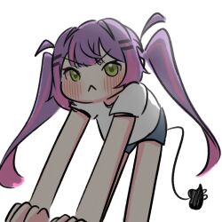 Rule 34 | 1girl, absurdres, all fours, alternate costume, blush stickers, buibui, closed mouth, commentary, demon girl, demon tail, feet out of frame, furrowed brow, green eyes, highres, hololive, long hair, looking at viewer, multicolored hair, photo-referenced, pink hair, purple hair, shirt, short sleeves, simple background, solo, streaked hair, stretching, symbol-only commentary, t-shirt, tail, tokoyami towa, twintails, v-shaped eyebrows, virtual youtuber, white background