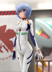 Rule 34 | 1girl, ayanami rei, blue hair, blurry, bodysuit, bracer, breasts, cowboy shot, depth of field, english text, expressionless, gloves, hair between eyes, hair ornament, headgear, highres, indoors, interface headset, logo, looking at viewer, mecha, neon genesis evangelion, nerv, plugsuit, railing, rebuild of evangelion, red eyes, robot, short hair, siraha, small breasts, solo, standing, striped, turtleneck