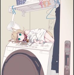 Rule 34 | 1girl, 40hara, animal ears, blonde hair, cat ears, cat girl, cat tail, collar, commentary request, green eyes, indoors, kinako (40hara), looking at viewer, lying, on side, original, photo-referenced, shelf, shirt, solo, tail, washing machine, white shirt