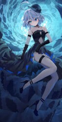 Rule 34 | 1girl, absurdres, ahoge, alternate costume, arm strap, bare shoulders, black choker, black dress, black footwear, black gloves, black headwear, blue eyes, blue hair, breasts, choker, cleavage, cleavage cutout, clothing cutout, commentary request, dress, fish, furina (genshin impact), genshin impact, gloves, hidulume, high heels, highres, medium breasts, short hair, small breasts, solo, stomach cutout, strapless, strapless dress, thigh strap, thighs