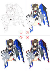 Rule 34 | 1girl, absurdres, black gloves, black hair, blush, boots, breasts, cleavage, cleavage cutout, clothing cutout, freedom gundam, gloves, gundam, gundam seed, highres, humanization, i.takashi, looking at viewer, making-of, mecha musume, mechanical wings, medium breasts, navel, numbered panels, open hand, sitting, smile, stomach cutout, thigh boots, thighhighs, wings, yellow eyes