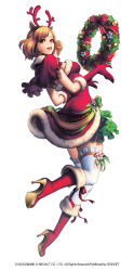 Rule 34 | 1girl, alternate costume, animal ears, antlers, boots, breasts, brown eyes, brown hair, chaos online, christmas, christmas wreath, company name, copyright name, deer ears, full body, gloves, hairband, high heel boots, high heels, highres, horns, large breasts, looking at viewer, love cacao, official art, open mouth, red gloves, reindeer antlers, santa costume, shapina, short hair, simple background, smile, solo, thighhighs, white background, wreath