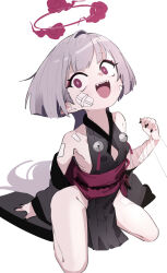 Rule 34 | 1girl, :d, absurdres, black kimono, black nails, blue archive, detached sleeves, flat chest, gauze, gauze on cheek, grey hair, halo, highres, japanese clothes, kimono, long hair, looking at viewer, nail polish, obi, ocha (popopogg), open mouth, red eyes, red halo, sash, shuro (blue archive), simple background, sitting, smile, solo, teeth, thighs, upper teeth only, wariza, white background