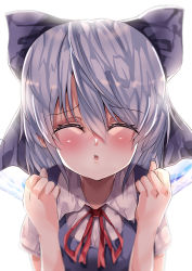 Rule 34 | 1girl, absurdres, backlighting, blue bow, blue dress, blue nails, blurry, bow, cirno, closed eyes, collared shirt, commentary request, depth of field, dress, hair between eyes, hair bow, highres, ice, ice wings, incoming kiss, mahoro (minase mahoro), nail polish, neck ribbon, open mouth, pinafore dress, red ribbon, ribbon, shirt, simple background, sleeveless, sleeveless dress, solo, touhou, upper body, white background, white shirt, wings