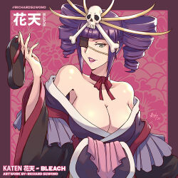 artist_name bare_shoulders bleach bleach:_sennen_kessen-hen breasts choker collarbone eyepatch hair_ornament highres holding holding_sandals japanese_clothes katen_kyoukotsu large_breasts lips purple_hair richard_suwono sandals skull_hair_ornament twintails zanpakutou_(spirit)