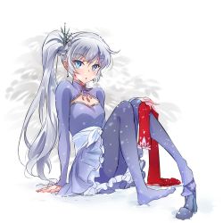 Rule 34 | 1girl, blue eyes, earrings, high collar, highres, iesupa, jewelry, lace, lace-trimmed skirt, lace trim, long hair, long sleeves, pantyhose, pendant, ponytail, rwby, scar, scar across eye, scar on face, side ponytail, skirt, solo, tiara, weiss schnee, white hair