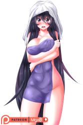 Rule 34 | 1girl, @ @, absurdres, areola slip, artist name, blush, breasts, cleavage, collarbone, covered navel, creatures (company), embarrassed, female focus, game freak, hex maniac (pokemon), highres, large breasts, long hair, looking at viewer, matching hair/eyes, mgx0, naked towel, nintendo, npc trainer, open mouth, patreon logo, patreon username, pokemon, pokemon xy, purple eyes, purple hair, purple towel, shiny skin, simple background, solo, standing, teeth, towel, towel on head, very long hair, watermark, wavy mouth, wet, white background, white towel