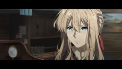 Rule 34 | 1girl, blonde hair, blue jacket, blush, braid, closed mouth, collared shirt, commentary request, derivative work, hair between eyes, highres, indoors, jacket, letterboxed, lips, long sleeves, looking at viewer, portrait, shirt, solo, violet evergarden, violet evergarden (series), yuuri-622