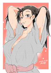 Rule 34 | 1girl, absurdres, armpits, arms behind head, arms up, artist name, asymmetrical bangs, black eyes, black hair, blush, breasts, bright pupils, checkered sash, cleavage, closed mouth, commentary, dated, girls und panzer, grey kimono, hair tie in mouth, half-closed eyes, hands in hair, highres, japanese clothes, kimono, large breasts, long hair, looking at viewer, mouth hold, nishi kinuyo, one-hour drawing challenge, outline, outside border, pink sash, red background, sash, shinkuukan (tetsuo3), short sleeves, smile, solo, standing, unmoving pattern, water drop, wet, wet hair, white outline, white pupils, yukata