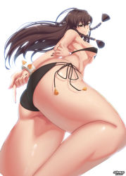 Rule 34 | 1girl, alternate costume, alternate hairstyle, arm behind back, artist name, ass, bad id, bad pixiv id, bandeau, bikini, black bikini, black nails, blush, bracelet, braid, breasts, brown eyes, brown hair, capcom, chun-li, closed mouth, covered erect nipples, curvy, eyebrows, female focus, fingernails, floating hair, from below, from side, hair between eyes, hand on own arm, jewelry, legs, long fingernails, long hair, looking at viewer, multi-strapped bikini bottom, nail polish, pointing, side-tie bikini bottom, sideboob, simple background, smile, solo, spiked bracelet, spikes, stormcow, strapless, street fighter, street fighter v, swimsuit, thick thighs, thighs, toned, twin braids, underboob, white background, wide hips