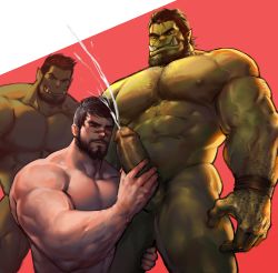 Rule 34 | 3boys, abs, bara, beard, body hair, colored skin, cum, dragon age, dragon age 2, ejaculation, erection, evil grin, evil smile, facial hair, fangs, green skin, grin, handjob, hawke (dragon age 2), highres, interspecies, male focus, monster, multiple boys, muscular, naughty face, nude, ogre, orc, orgasm, pectorals, penis, penis grab, scar, size difference, smile, tagme, teeth, testicles, uncensored, yaoi, yy6242