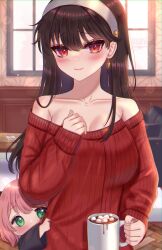 Rule 34 | 2girls, ahoge, anya (spy x family), black hair, blush, breasts, child, chocolate, closed mouth, collarbone, cup, dress, earrings, family, food, gold earrings, gold hairband, green eyes, hair ornament, hairband, hairpods, highres, holding, holding cup, jewelry, large breasts, long hair, long sleeves, looking at viewer, marshmallow, mother and daughter, multiple girls, off-shoulder sweater, off shoulder, pink hair, red eyes, red sweater, sidelocks, smile, spy x family, su niii, sweater, white hairband, window, yor briar
