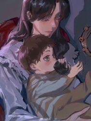 Rule 34 | 1boy, 1girl, affectionate, aged down, baby, biting hair, blush, brown hair, carla yeager, chair, eren yeager, highres, long hair, looking at another, mother and son, motherly, shingeki no kyojin, short hair, sitting, smile, upper body, zigong
