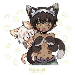 Rule 34 | 1boy, 1other, androgynous, animal ears, animalization, artist name, blackcat (blackcatbox), brown eyes, brown fur, brown hair, cat ears, cat tail, child, collarbone, dark skin, facial mark, facial tattoo, fang, furrification, furry, furry male, green shorts, hair between eyes, horizontal pupils, light blush, long hair, looking at viewer, made in abyss, metal hairband, multicolored clothes, multicolored eyes, multicolored shorts, nanachi (made in abyss), navel, open mouth, pants, pointy ears, purple shorts, regu (made in abyss), robot, sharp teeth, shorts, simple background, tail, tattoo, teeth, topless male, transformation, twintails, two-tone eyes, upper body, v-shaped eyebrows, white background, white hair, yellow eyes