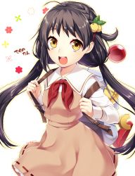 Rule 34 | 1girl, :d, absurdres, ahoge, akino teku, artist name, backpack, bad id, bad pixiv id, bag, black hair, braid, brown dress, character name, dress, food-themed hair ornament, hair ornament, highres, long hair, looking at viewer, neckerchief, open mouth, pasona tech, peach hair ornament, red neckerchief, sailor collar, sakura chiyo (konachi000), signature, simple background, smile, solo, teeth, twintails, white background, yellow eyes