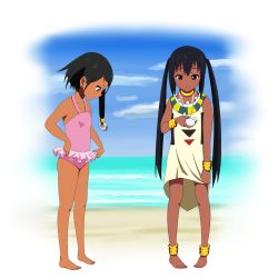 Rule 34 | 2girls, anklet, b (papiopine), barefoot, beach, black hair, bracelet, brown eyes, casual one-piece swimsuit, choi mochimazzui, choi mochimazzui (cosplay), company connection, cosplay, costume switch, crossover, dark skin, dark-skinned female, day, feet, frilled swimsuit, frills, halterneck, jewelry, k-on!, kyoto animation, long hair, lots of jewelry, multiple girls, nakano azusa, nakano azusa (cosplay), ocean, one-piece swimsuit, pink one-piece swimsuit, sidelocks, swimsuit, tamako market, tan, tanline, twintails, water