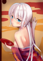 Rule 34 | 1girl, bare shoulders, blue eyes, blush, breasts, closed mouth, cup, hands up, highres, holding, holding cup, japanese clothes, looking at viewer, looking back, medium breasts, original, parufeito, sakazuki, short hair, sidelocks, solo, white hair