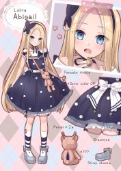 Rule 34 | 1girl, abigail williams (fate), absurdres, adapted costume, back bow, black bow, black dress, blonde hair, blue dress, blue eyes, blue footwear, blush, bow, character name, dress, english text, fate/grand order, fate (series), food-themed ornament, footwear ribbon, forehead, full body, hair bow, hairband, hane yuki, highres, jewelry, kneehighs, lolita fashion, long hair, looking at viewer, multiple views, open mouth, orange bow, parted bangs, ring, shoes, socks, striped clothes, striped socks, stuffed animal, stuffed toy, teddy bear, white bow