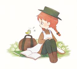 Rule 34 | 1girl, anne of green gables, anne shirley, apron, artist name, ayu (mog), bad id, bad pixiv id, bag, beamed quavers, bird, blush, book, boots, bow, braid, brown dress, brown footwear, dress, female focus, flower, freckles, green eyes, green hat, green pantyhose, hair bow, hat, knees up, long hair, long sleeves, looking at another, musical note, nature, open book, pantyhose, plant, quaver, red hair, sitting, solo, twin braids, twintails, white apron, white background, white flower, world masterpiece theater