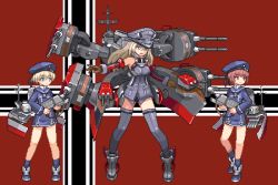 Rule 34 | 10s, 3girls, antennae, beret, bismarck (kancolle), blonde hair, blue eyes, brown eyes, brown hair, cannon, e79, flag, full body, grey legwear, hat, kantai collection, long sleeves, lowres, machinery, military, multiple girls, open mouth, peaked cap, personification, pixel art, red background, sailor hat, short hair, simple background, standing, thighhighs, turret, weapon, z1 leberecht maass (kancolle), z3 max schultz (kancolle), zettai ryouiki