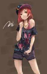 Rule 34 | 1girl, adapted costume, baseball cap, black shirt, chain, chain necklace, clothes writing, contrapposto, hat, hecatia lapislazuli, highres, kouzuki kei, looking at viewer, necklace, necktie, off-shoulder shirt, off shoulder, red eyes, red hair, shirt, short sleeves, shorts, sketch, solo, standing, touhou