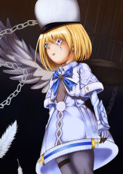 Rule 34 | 1girl, arms at sides, azur lane, black background, blonde hair, blue bow, blue bowtie, blue eyes, blue ribbon, bob cut, bodystocking, bodysuit, bodysuit under clothes, bow, bowtie, breasts, capelet, chain, collared dress, cowboy shot, dress, eyepatch, feathered wings, feathers, from below, from side, gauntlets, hat, highres, kepi, layered sleeves, le terrible (azur lane), long sleeves, medium hair, military hat, null (pixiv id 14807301), one eye covered, parted lips, pom pom (clothes), ribbon, short dress, short over long sleeves, short sleeves, simple background, single wing, skindentation, small breasts, solo, standing, thigh strap, vambraces, white capelet, white dress, white hat, white wings, wings