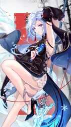 Rule 34 | 1girl, absurdres, arm up, black dress, black footwear, black sleeves, blue eyes, blue hair, blue nails, breasts, commentary request, detached sleeves, dress, earrings, foot out of frame, genshin impact, high heels, highres, holding, holding polearm, holding weapon, jewelry, knee up, long hair, looking at viewer, medium breasts, official alternate costume, parted bangs, parted lips, polearm, shenhe (frostflower dew) (genshin impact), shenhe (genshin impact), shorts, sideboob, sleeveless, sleeveless dress, snowflakes, solo, spear, tassel, tassel earrings, vardan, very long hair, weapon, white shorts