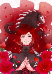 Rule 34 | 1girl, beowolf, breasts, bullet, cape, collar, corset, cross, dress, flower, frilled collar, frilled dress, frilled sleeves, frills, grey eyes, grimm (rwby), hand up, looking at viewer, own hands together, petals, red cape, red flower, red hair, rose, rose petals, ruby rose, rwby, shell casing, short hair, simple background, smile, smoking, solo, tanoshihana, thorns, white background
