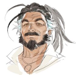 Rule 34 | 1boy, ahoge, another eidos-r, beard, black hair, brown eyes, character request, facial hair, jewelry, male focus, morgan (another eidos), multicolored hair, mustache, necklace, ponytail, portrait, sideburns, simple background, sketch, solo, two-tone hair, wasp (anthyutena), white background, white hair