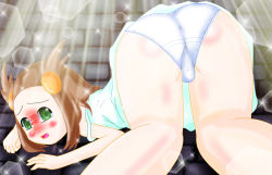 Rule 34 | 1girl, all fours, alternate color, artist request, ass, blush, brown hair, creatures (company), from behind, game freak, green eyes, gym leader, jasmine (pokemon), long hair, looking at viewer, looking back, nintendo, open mouth, panties, pantyshot, pokemon, shiny skin, skirt, top-down bottom-up, underwear, upskirt, white panties