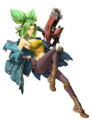 Rule 34 | absurdres, blue jacket, bolt (hardware), brown footwear, brown gloves, brown pants, fingerless gloves, gloves, green eyes, green hair, gun, highres, holding, holding gun, holding weapon, jacket, league of legends, lightning bolt symbol, midriff, open clothes, open jacket, pants, parted bangs, tank top, twintails, weapon, white background, xinyi2266, yellow tank top, zeri (league of legends)