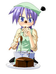 Rule 34 | 00s, 1girl, alternate hairstyle, apron, blue eyes, cake, cooking, food, hiiragi kagami, hujikok, licking, long hair, lucky star, pastry, ponytail, purple hair, simple background, solo, sweat, tongue