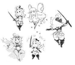 Rule 34 | aerie (bravely default), ass, bow, bravely default: flying fairy, bravely default (series), breasts, closed mouth, commentary request, dress, edea lee, fairy, gloves, greyscale, hair bow, highres, long hair, looking at viewer, monochrome, multiple girls, navel, pointy ears, simple background, smile, strapless, strapless dress, sword, tsukudani (coke-buta), weapon, white background, wings