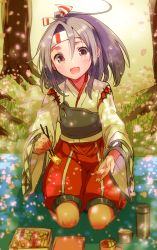 Rule 34 | 1girl, :d, blush, brown eyes, brown hair, chopsticks, commentary request, day, food, grass, hachimaki, hair between eyes, hanami, head tilt, headband, high ponytail, holding, holding chopsticks, ichihaya, japanese clothes, kantai collection, kimono, long hair, long sleeves, looking at viewer, muneate, omelet, open mouth, outdoors, petals, ponytail, puffy shorts, red shorts, seiza, shade, short kimono, shorts, sitting, smile, solo, tamagoyaki, thermos, tree, tree shade, white kimono, wide sleeves, zuihou (kancolle)
