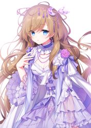 Rule 34 | 1girl, ahoge, blue eyes, breasts, brown hair, cleavage, commission, crescent, dress, flower, hair between eyes, hand up, highres, long hair, long sleeves, looking at viewer, medium breasts, original, parted lips, pink flower, pink rose, pixiv commission, purple dress, rose, sacraneco, see-through, see-through sleeves, simple background, solo, very long hair, white background, wide sleeves
