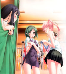 Rule 34 | 3girls, absurdres, bare shoulders, bikini, bikini bottom only, black hair, blush, casual, ceiling, clothes hanger, clothes in front, clothes shop, curtain grab, curtains, dressing, dressing room, forced dressing, from below, green hair, hairband, highres, indoors, kantoku, katsuragi chie, legs, long hair, medium hair, miniskirt, multiple girls, name tag, natsu no ame, nishimura kana, one eye closed, own hands clasped, own hands together, pencil skirt, pink hair, pleated skirt, sakurai tomomi, shop, shopping, short hair, short sleeves, side-tie bikini bottom, side slit, skirt, smile, swimsuit, twintails, underwear, uniform, vest, wink