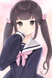 Rule 34 | 1girl, absurdres, amacha, bad id, bad pixiv id, black eyes, blue dress, blush, brown hair, commentary, dress, english commentary, hair ribbon, hand up, highres, long hair, long sleeves, original, pink neckwear, pink ribbon, ribbon, sailor collar, sailor dress, sidelocks, sleeves past wrists, solo, twintails, upper body, very long hair, white sailor collar
