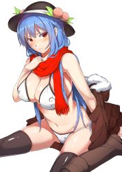 Rule 34 | 1girl, absurdres, aged up, alternate breast size, bikini, black hat, black thighhighs, blue hair, blush, boots, breasts, brown footwear, cleavage, closed mouth, coat, food, fruit, hat, hat ribbon, highres, hinanawi tenshi, large breasts, long hair, looking at viewer, looking to the side, neropaso, peach, red eyes, red scarf, ribbon, scarf, side-tie bikini bottom, simple background, sitting, solo, string bikini, swimsuit, thighhighs, touhou, very long hair, white background, white bikini, white ribbon