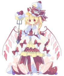 Rule 34 | 1girl, blonde hair, bow, cake, crystal, flandre scarlet, food, fork, fruit, full body, highres, holding, holding fork, laevatein, layered skirt, long hair, long sleeves, looking at viewer, nikorashi-ka, pantyhose, red bow, red eyes, red neckwear, red pantyhose, shirt, side ponytail, simple background, skirt, solo, strawberry, strawberry shortcake, symbol-only commentary, touhou, whipped cream, white background, white footwear, white shirt, wide sleeves, wings, yellow skirt