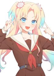 Rule 34 | 1girl, :d, blonde hair, blue eyes, blue hair, brown dress, collarbone, commentary, daimanzoku!, double v, dress, fang, flower, gradient hair, hair flower, hair ornament, hands up, hasu no sora school uniform, highres, light blue hair, light blush, link! like! love live!, long hair, long sleeves, looking at viewer, love live!, multicolored hair, neckerchief, open mouth, osawa rurino, parted bangs, pink flower, pleated dress, red neckerchief, sailor collar, sailor dress, school uniform, simple background, smile, solo, twintails, upper body, v, v-shaped eyebrows, virtual youtuber, white background, white flower, white sailor collar, winter uniform